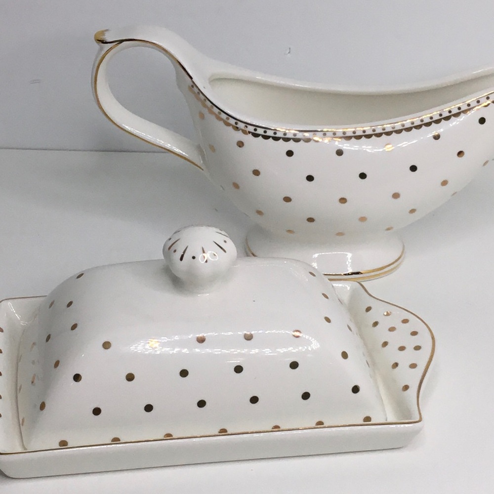 Graces Teaware Ceramic Butter Dish & Gravy/ Creamer White Gold Dishwashe…